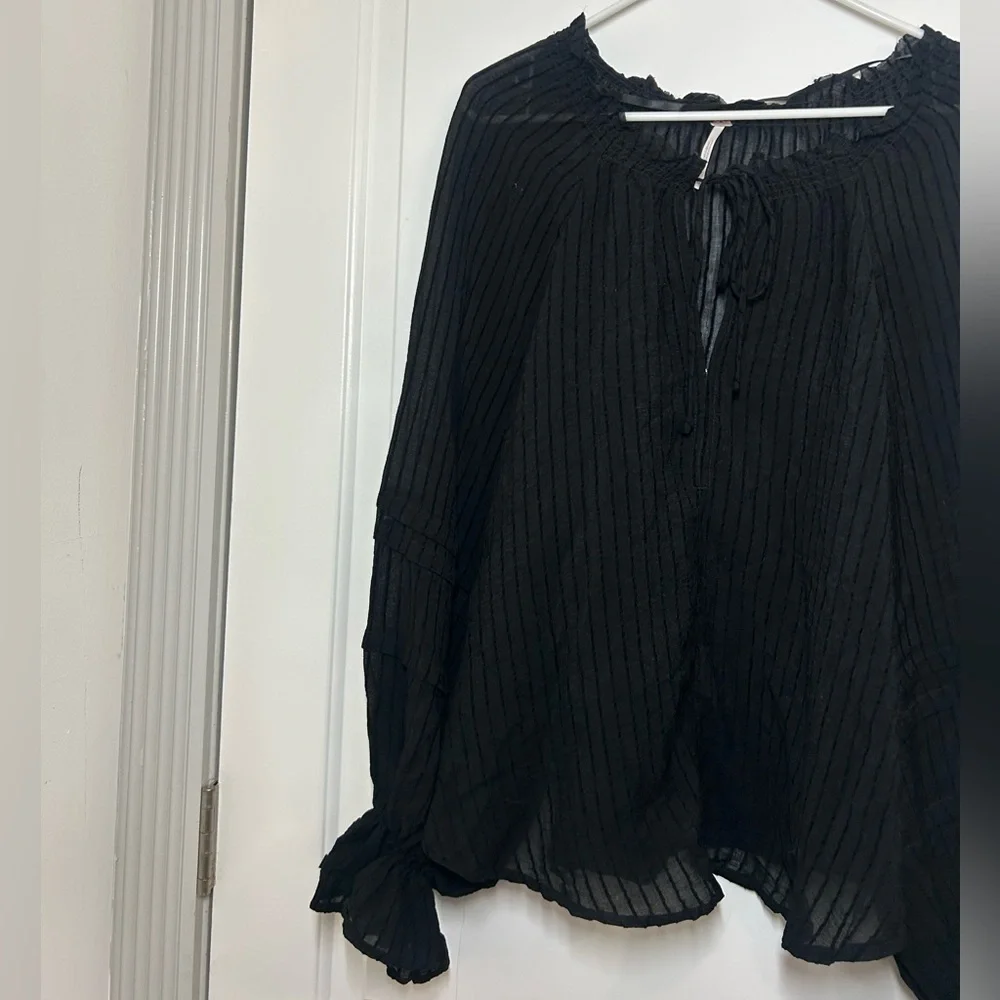 Free People Out Of Town Top Off the Shoulder Smocked Puff Sleeves Sheer Boho S